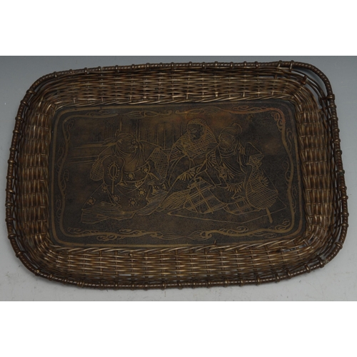 26 - A 19th century Japanese rounded rectangular bronze tray, central panel depicting seated warriors, wi... 