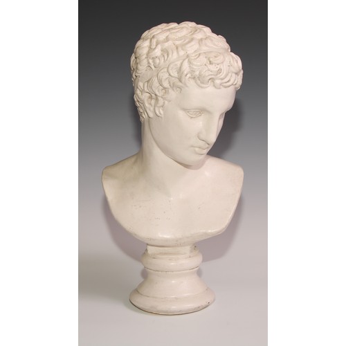 309 - A composition bust, in manner of  Michelangelo's David,   circular pedestal base, 38.5cm high