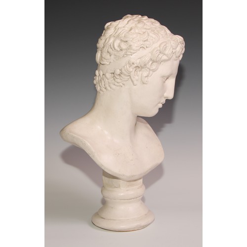 309 - A composition bust, in manner of  Michelangelo's David,   circular pedestal base, 38.5cm high