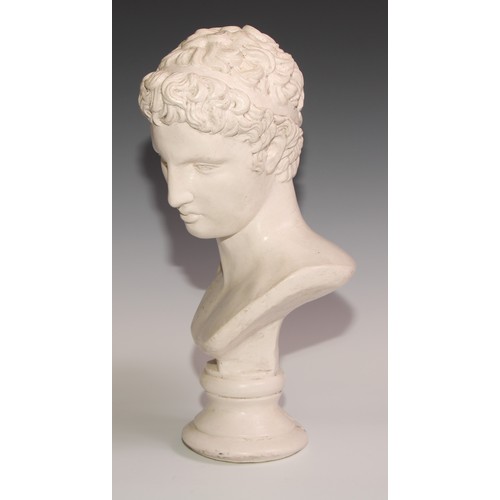 309 - A composition bust, in manner of  Michelangelo's David,   circular pedestal base, 38.5cm high