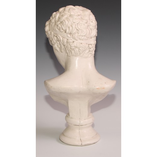 309 - A composition bust, in manner of  Michelangelo's David,   circular pedestal base, 38.5cm high