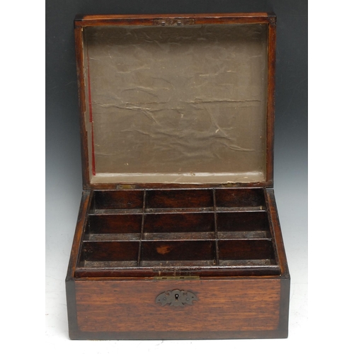 196 - A Victorian oak and mahogany collectors box, the hinged cover enclosing a nine compartmental removab... 