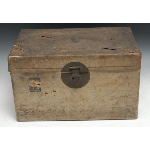 35 - A 19th century Chinese vellum chest, swing handles to sides, Chinese character marks to front, 42.5c... 