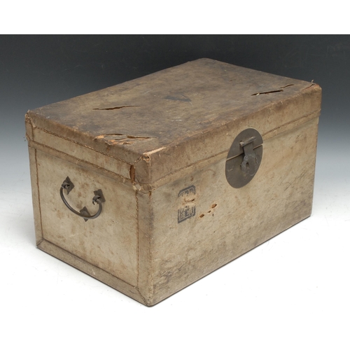 35 - A 19th century Chinese vellum chest, swing handles to sides, Chinese character marks to front, 42.5c... 