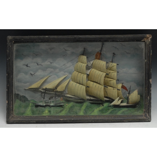 480 - A Victorian diorama, sailing ships and paddle steamer, 28.5cm high x 48.5cm long, ebonised case