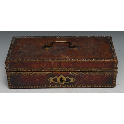 48 - A 19th century French leather box, brass-studded borders, hinged cover with swan neck handle, 28cm w... 