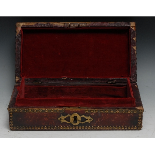 48 - A 19th century French leather box, brass-studded borders, hinged cover with swan neck handle, 28cm w... 