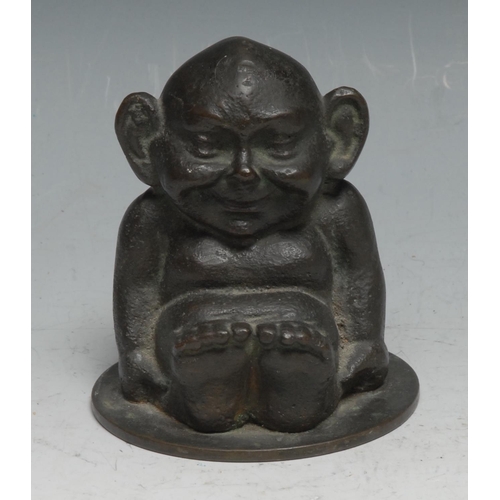 5 - A 19th cabinet bronze, cast as a seated imp, circular base, 8.5cm high