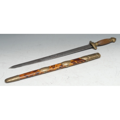 737 - A Chinese jian sword, 42.5cm blade, fluted wooden grip, tortoiseshell scabbard, chased brass mounts,... 