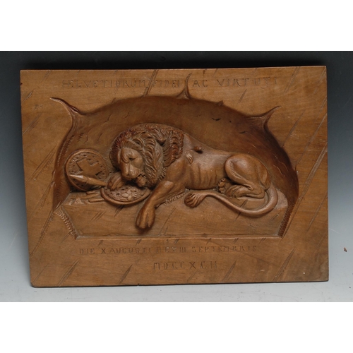 105 - A 19th century Grand Tour panel, carved after Bertel Thorvaldsen with the Lion of Lucerne, 23cm x 32... 