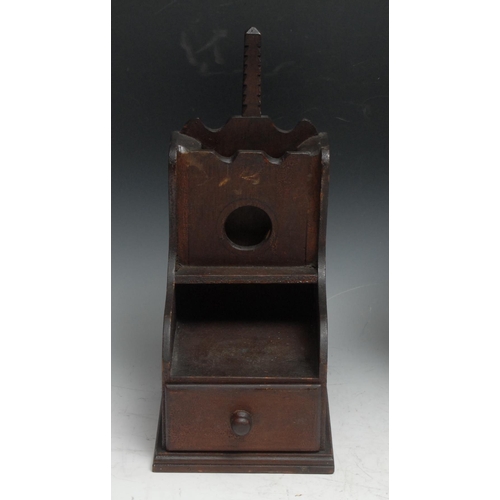 152 - Folk Art - a 19th century tramp art pocket watch stand, the base with a drawer, 32.5cm high, c.1880