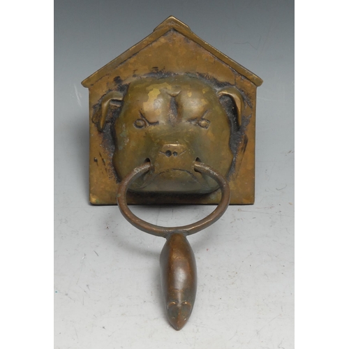 32 - A 19th century bronze novelty door knocker, amusingly cast as a kennelled dog holding a mouse, 10.5c... 