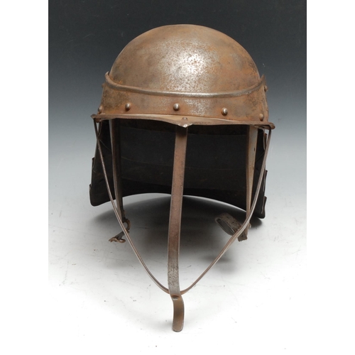 544 - An English Civil War style Parliamentarian steel lobster tailed pot helmet, 33cm high