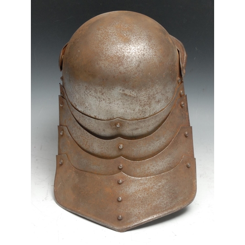 544 - An English Civil War style Parliamentarian steel lobster tailed pot helmet, 33cm high