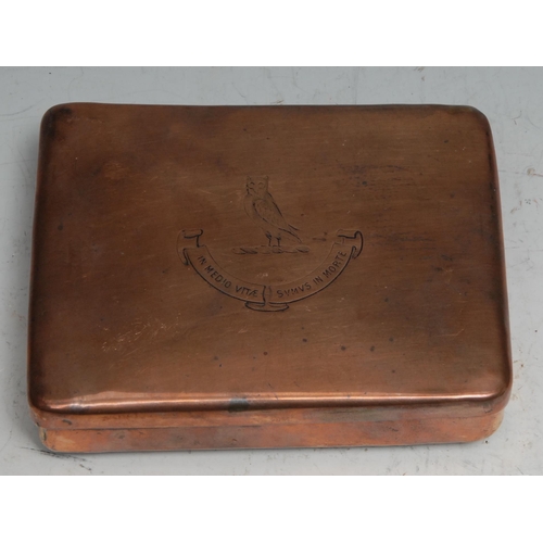 40 - A 19th century copper rounded rectangular tobacco box, hinged cover crested and with motto In Medio ... 