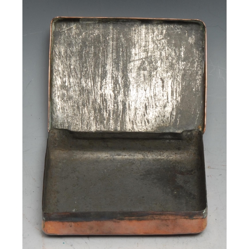 40 - A 19th century copper rounded rectangular tobacco box, hinged cover crested and with motto In Medio ... 