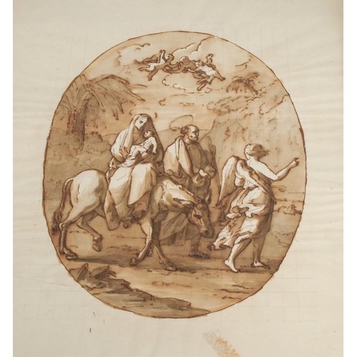 896 - Italian School, The Flight to Egypt, sepia, oval, 27cm x 21cm, unframed