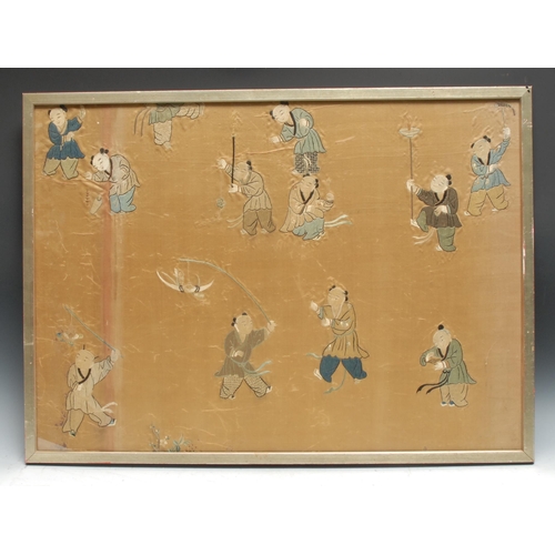 299 - A Chinese rectangular silk panel, worked in coloured threads with Hundred Boys, 50cm x 70cm, 19th ce... 