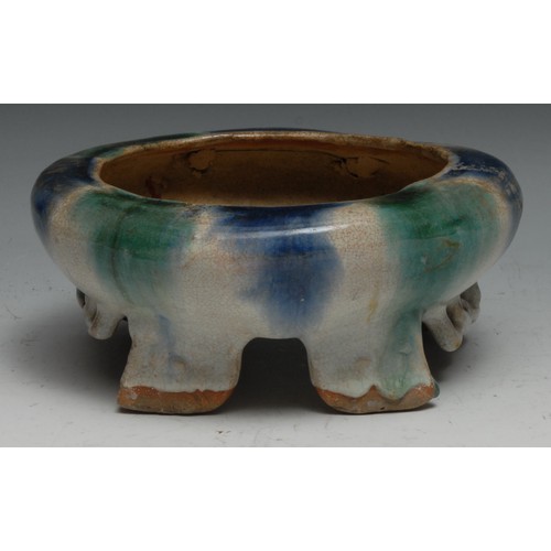 300 - A Chinese Shiwan bowl, as a crab, glazed in mottled tones of blue and green, 20cm wide, 19th century