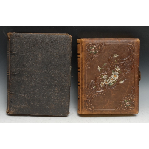 958 - Photography - a 19th century tooled leather carte de visite album, containing various single and gro... 