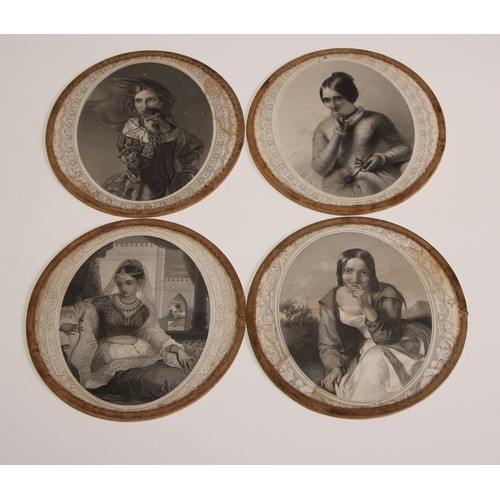 454 - A set of four 19th century table coasters, each set with a monochrome engraving, The Irish Girl, The... 