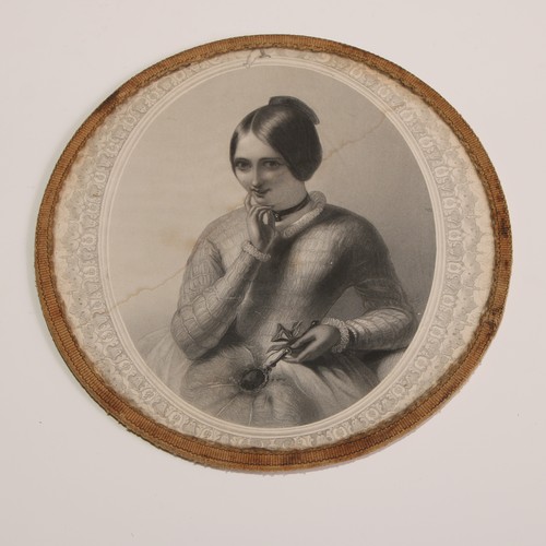 454 - A set of four 19th century table coasters, each set with a monochrome engraving, The Irish Girl, The... 