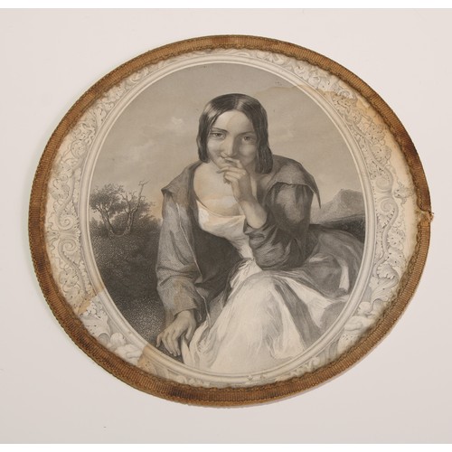 454 - A set of four 19th century table coasters, each set with a monochrome engraving, The Irish Girl, The... 