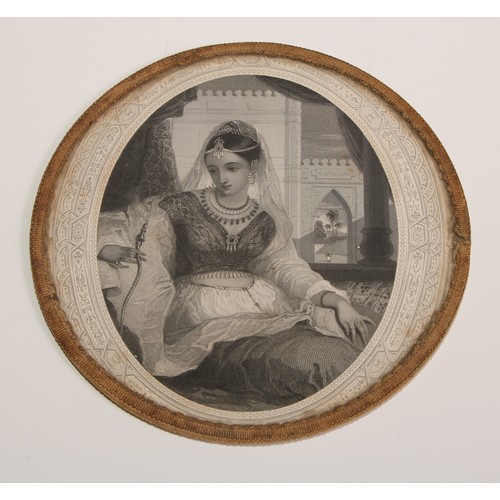 454 - A set of four 19th century table coasters, each set with a monochrome engraving, The Irish Girl, The... 