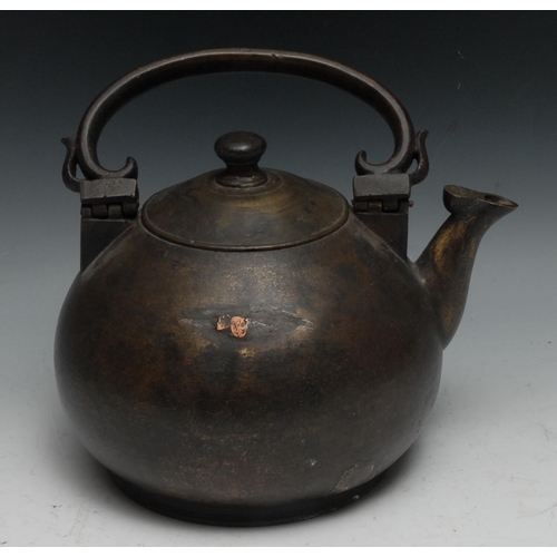 129 - A Japanese bronze kettle, 24.5cm over raised handle, 19th century