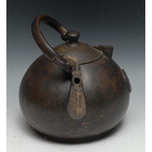 129 - A Japanese bronze kettle, 24.5cm over raised handle, 19th century