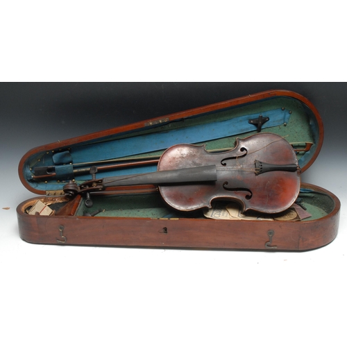 209 - A violin, the two-piece back 35.5cm long excluding button, Compagnon label, ebony tuning pegs, outli... 