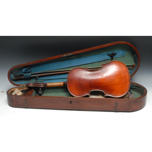 209 - A violin, the two-piece back 35.5cm long excluding button, Compagnon label, ebony tuning pegs, outli... 