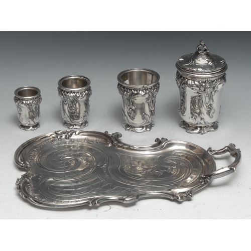 324 - A French silvered metal smoking room service on tray, comprising tabacco jar, spill vase and vesta h... 