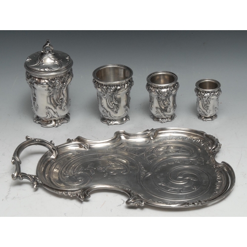 324 - A French silvered metal smoking room service on tray, comprising tabacco jar, spill vase and vesta h... 