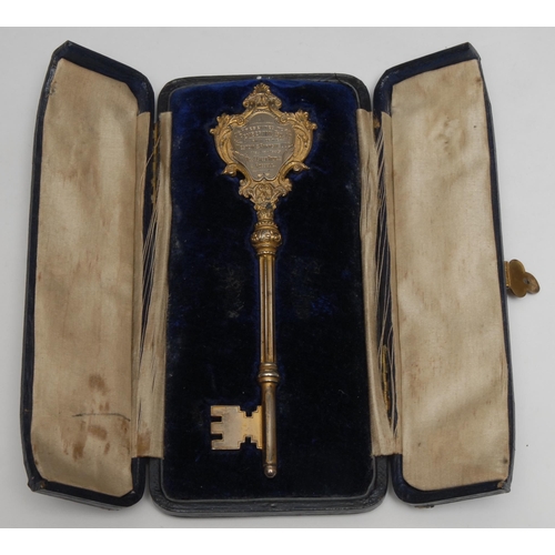 97 - Copoclephily - an Edwardian silver-gilt presentation key, Carnegie Free Library, Neston, Liverpool, ... 