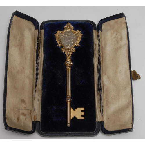 97 - Copoclephily - an Edwardian silver-gilt presentation key, Carnegie Free Library, Neston, Liverpool, ... 