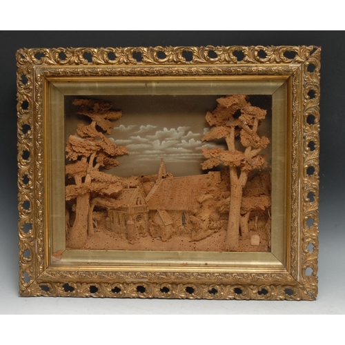 41 - A 19th century cork diorama, depicting a country church, gilt frame, 39cm x 47.5cm