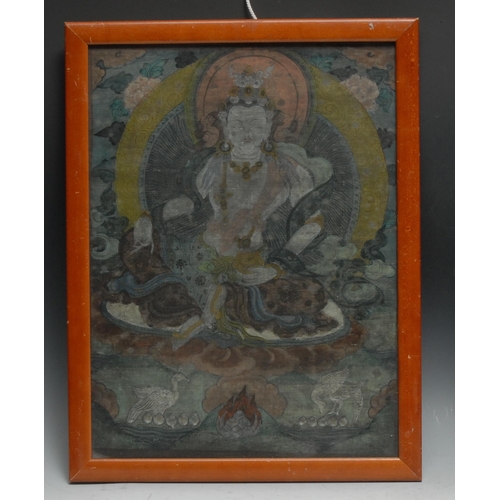 472 - A Tibetan thangka, painted in gouache with Buddha, 39cm x 29cm