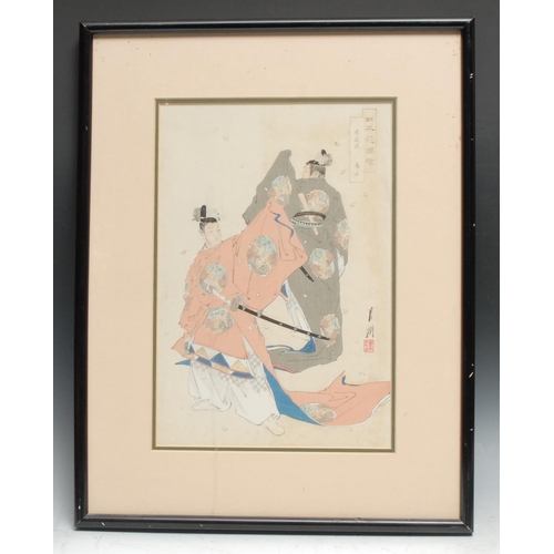 881 - Ogata Gekko (Japanese 1859 - 1920), a pair of woodblock prints, Deer Hunting and Shundeigaku Perform... 