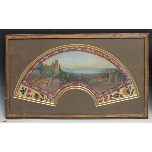 263 - A 19th century study for a fan design, painted in watercolour and gouache with an Italian view, flan... 