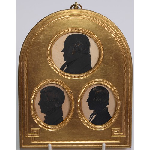 144 - English School (19th century), a group arrangement of silhouettes, three gentlemen, bust length in p... 