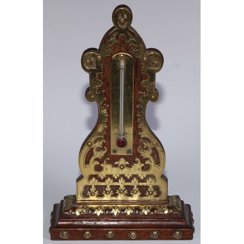 162 - A 19th century oak desk thermometer, applied overall with brass cut-card work, 22.5cm high, c.1870