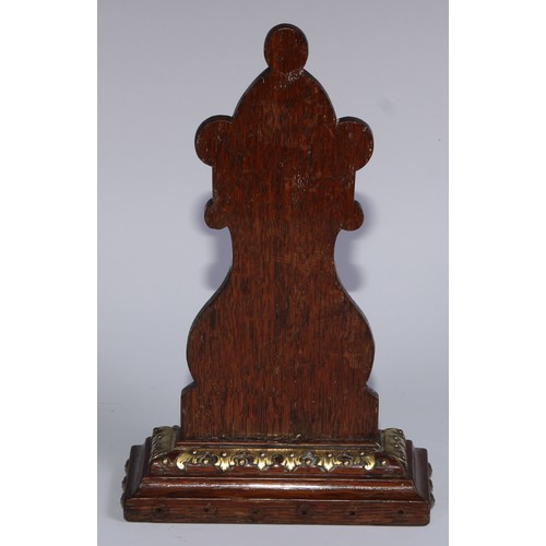 162 - A 19th century oak desk thermometer, applied overall with brass cut-card work, 22.5cm high, c.1870