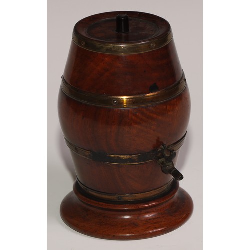 250 - Treen - a Victorian brass bound turned walnut string barrel, 14.5cm high, c.1870