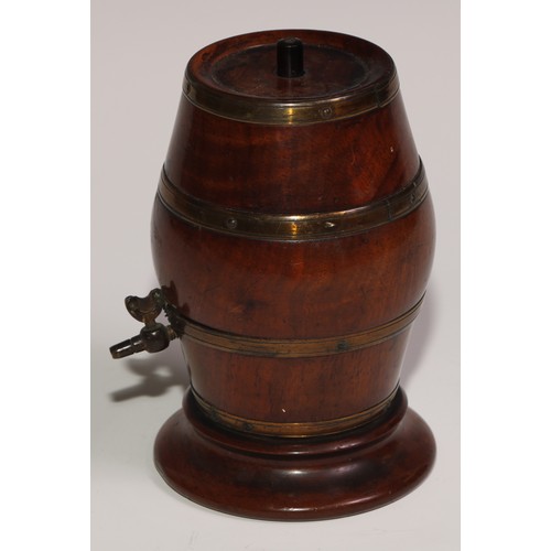 250 - Treen - a Victorian brass bound turned walnut string barrel, 14.5cm high, c.1870