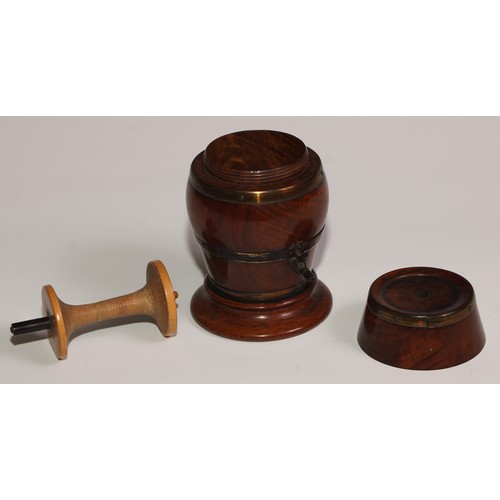 250 - Treen - a Victorian brass bound turned walnut string barrel, 14.5cm high, c.1870