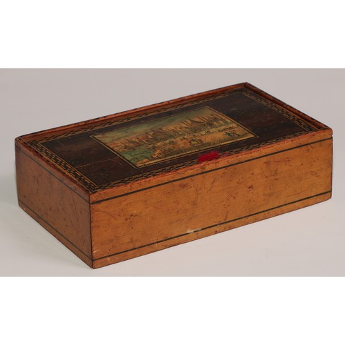 270 - A 19th century Tunbridge ware type white wood box, the cover decorated with a named view, Pavilion a... 