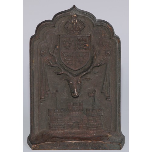 478 - A Victorian bronze plaque, Royal Windsor, 14.5cm high, Rd.701307, 11364, c.1890; another, similar (2... 