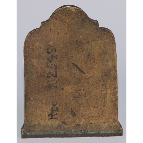 478 - A Victorian bronze plaque, Royal Windsor, 14.5cm high, Rd.701307, 11364, c.1890; another, similar (2... 