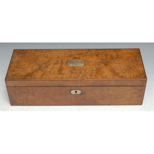 479 - A Victorian burr walnut draughtsman's box, hinged cover enclosing an arrangement of compartments, in... 